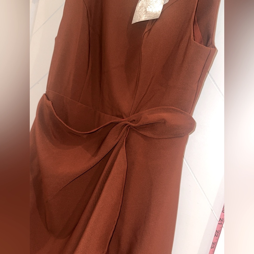 NWT Fehaute Spice Terracotta Brown Asymmetrical Sleeveless Flounce Midi Dress 10 - Picture 12 of 13